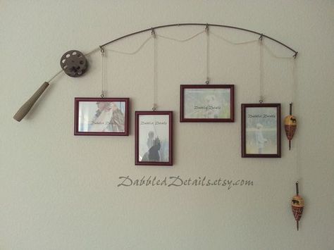 Fishing pole picture hanger - cute idea  #DIY: Fishing Pole, Fishing Line, Green Dark, Wood Picture Frames, Fishing Rod, Photo Frames, Frame Design, Deep Blue, Dark Red