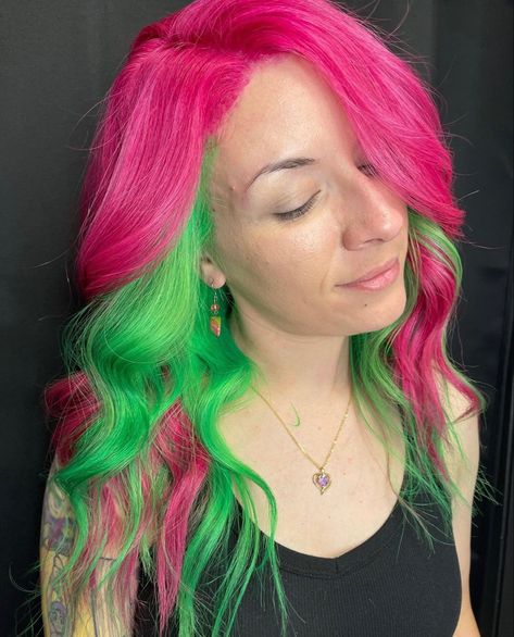 Pink Hair With Green Underneath, Green Hair With Pink Highlights, Pink To Green Ombre Hair, Pink Hair With Green Highlights, Green And Pink Dyed Hair, Pink Hair With Green Tips, Pink And Green Peekaboo Hair, Pink And Green Hair Ideas, Pink And Green Short Hair