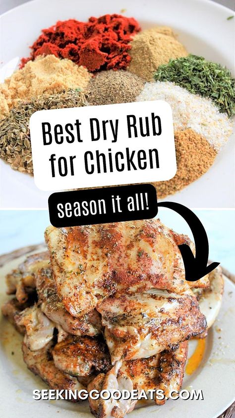 This healthy homemade dry rub for chicken has the best flavor and can be used on all chicken! A simple, easy recipe for perfectly seasoned chicken every time! By the way you can also use it on pork, lamb, and vegetables as well! It's so good you should double the recipe and store the extras for later. This recipe is sugar free, gluten free, low carb, and keto. Mediterranean Chicken Dry Rub, The Best Chicken Seasoning, Dry Rub For Grilled Chicken, Basic Chicken Seasoning, Dry Seasoning For Chicken, Chicken Spice Rub, Roast Chicken Rub, Chicken Rub Recipe, Paleo Roasted Chicken