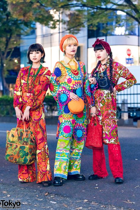 60s Jumpsuit, Dress Floral Prints, Tokyo Vintage, Harajuku Street Style, Yellow Striped Shirt, Maximalist Fashion, Vintage Street Fashion, 1960s Inspired, Harajuku Street