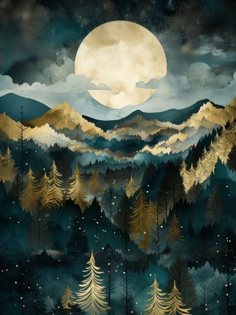 Asian Mountain Art, Fantasy Moon Landscape, Moonlit Forest Painting, Teal Mountain Art, Moon Over Lake Painting, Forest, Digital Art, Collage, Orange