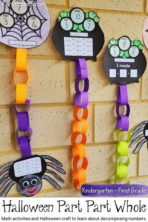 These Halloween math activities help kids learn about part part whole, decomposing numbers and fact families. #halloweenactivities #kindergartenmath #partpartwhole #decomposingnumbers #addition #mathcenter #mathcraft Second Grade October Activities, 2nd Grade October Activities, Teach Addition Kindergarten, Halloween Math 1st Grade, Halloween Fact Families, Halloween Math Craft First Grade, Halloween Math Activities 1st Grade, Math Halloween Craft, October First Grade Activities