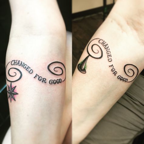 Wicked musical best friend tattoos Broadway Musicals Tattoo Ideas, Matching Musical Tattoos, Music Best Friend Tattoos, Broadway Musical Tattoos, For Good Tattoo Wicked, Broadway Tattoos Musicals, Wizard Of Oz Tattoo Small, Wicked Tattoos Musical, Musical Tattoo Ideas