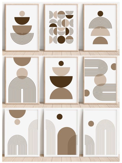 Printable Set of 3 Geometric Shapes Wall Art Prints - Modern Mid Century, Brown, Neutral Minimalistic, Abstract Digital Download Home Décor Set Of 4 Prints Wall Art, Shapes Wall Art, Fire Flower, Geometric Art Prints, Modern Mid Century, Text Box, Wall Decor Printables, Boho Art, Modern Art Prints