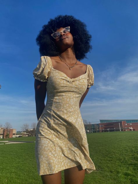 Poses In Sundress, Cute Sundress Aesthetic, Summer Sundresses Black Women, Sundress Aesthetic Black Women, Black Woman Sundress, Short Sundress Outfits, Yellow Sundress Aesthetic, Sun Dresses Black Women, Sundress Outfit Black Women