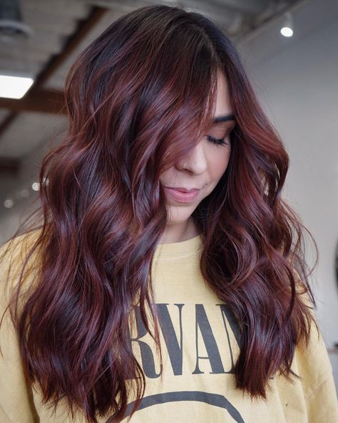 Mahogany Balayage Hair, Auburn Hair With Dark Highlights, Mahagony Hair Color Brown Balayage, Wine Balayage Hair Brunettes, Deep Auburn Balayage, Auburn On Black Hair, Strawberry Blonde Balayage Brunette Dark Brown, Balayage For Red Hair, Dark Red Brown Hair Color Brunettes