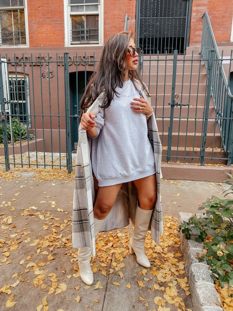 Sweater, Winter Jacket, White Boots Outfit, Fall, Sweater Outfits White Sweater Dress Outfit, Clear Boots, White Boots Outfit, Dress With Flats, White Sweater Dress, Fall Boots Outfit, Sweater Dress Outfit, Outfit Inspo Fall, Fall Fashion Outfits