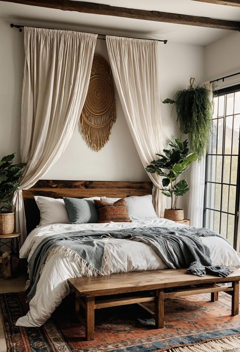 Guest Bedroom Boho Farmhouse, Master Bedrooms Boho Chic, Off White Walls Bedroom, Small Master Room Design, Cozy Neutral Bedding Ideas, Cute Boho Decor, Zen Guest Bedroom Ideas, Wood Inspired Bedroom, Relaxed Bedroom Ideas