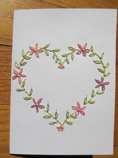 Flower heart. Hand embroidered greeting card. Embroidered Valentines Cards, Greeting Card Embroidery, Embroidery Wedding Card, Stitched Flower Cards, Embroider On Paper, Hand Embroidered Cards, Embroidered Cards Diy, Stitched Cards Handmade, How To Make Fabric Cards