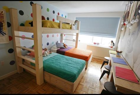 Three Beds, Kids Room Design Ideas Small Kids Bedroom, Triple Bunk Beds, Modern Bunk Beds, Triple Bunk, Bunk Beds With Stairs, Kid Bedroom, Bunk Bed Designs, Space Bedding, Bedroom Furnishings