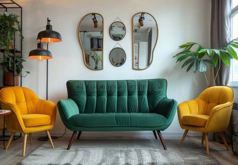 Green Velvet Sofa and Yellow Armchairs in Modern Living Room royalty free stock photos Green Sofa Yellow Chair, Green Room Yellow Sofa, Lime Green Velvet Sofa Living Room, Mid Century Modern Yellow Couch, Velvet Velour Sofa Yellow Photoshoot Antique, Modern Green Living Room, Yellow Armchair, Green Velvet Sofa, Living Room Green