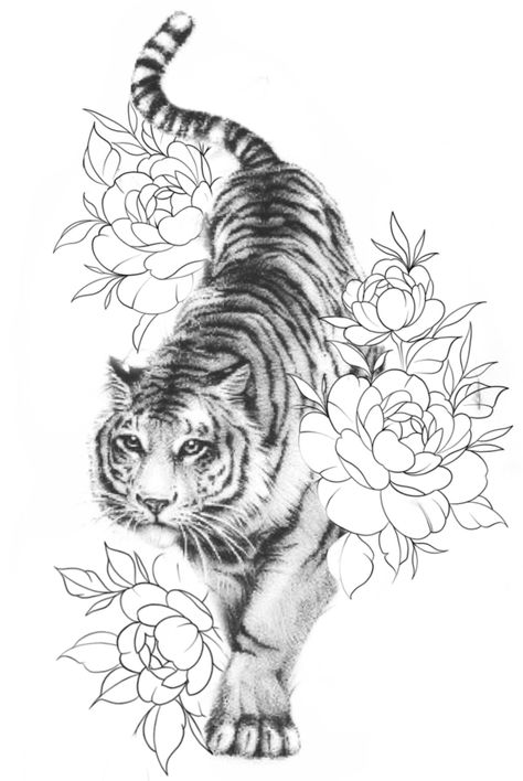 Tiger Tattoo Sleeve For Women, Tiger Tattoo On Hip, Tiger Tattoo For Women Thighs, Female Tiger Tattoo, Tiger Shoulder Tattoo, Tiger Flower Tattoo, Lines Embroidery, Tiger Tattoo Thigh, Side Thigh Tattoos Women