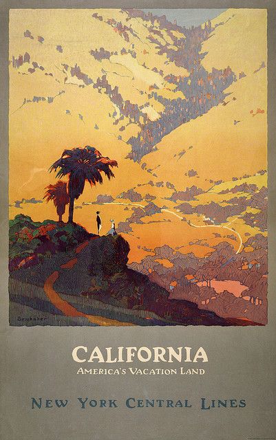 California 1926 - this is one of my favorite travel posters of all time. you can  just feel the dry southern California heat coming off the hills. lovely. Vintage Films, California Vacation, New York Central, Retro Travel Poster, Vintage California, California Dreaming, Illustrations And Posters, California Travel, Vintage Travel Posters