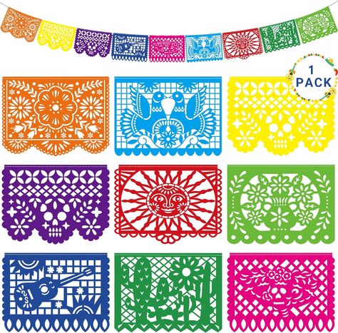 Plastic Package Includes - You will get 1 pack Cinco De Mayo banner with a total length of 18 FT, including 9 pieces plastic flags, each piece measures 16.53 x 11.8 IN. Only the orange banner piece needs to be pasted with the attached glue as shown in the picture. Mexican Party Banner, Picado Banner, Mexican Papel Picado, Paper Picture Frames, Mexican Party Theme, Party Flags, Mexican Party, Party Banners, Flag Banner