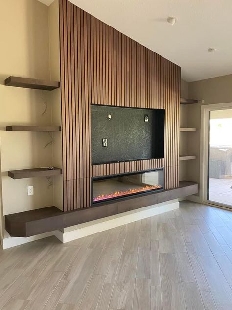 Lounge Fireplace, Feature Wall Living Room, Electric Fireplace Wall, Media Room Design, Living Room Wall Units, Build A Fireplace, Fireplace Tv Wall, Wall Tv Unit Design, Wood Slat Wall