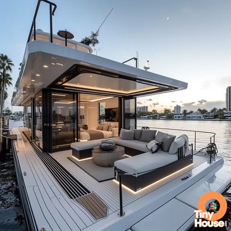 Luxury Yachts Aesthetic Houseboat Plans, Houseboat Remodel, Tiny Houseboat, Float House, Small Houseboats, Boathouse Design, Pontoon Houseboat, Water Vehicles, Luxury Houseboats