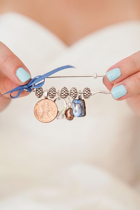 DIY Wedding // Something old new borrowed blue pin! We have some fun trinket ideas for you! Wedding Something Old, Old New Borrowed Blue, Something Blue Wedding, Blue Pin, Something Borrowed, Dress Pin, Mod Wedding, Something Old, Here Comes The Bride