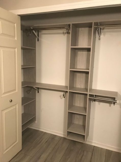 Deep Side Closet Organization, Diy Closet For Small Spaces, Closet With Shelves On Side, Small Narrow Walk In Closet Ideas Layout, One Door Closet Ideas, Split Closet Ideas, Regular Closet Organization Ideas, Reach In Closet With Deep Sides, Shared Closet Organization Ideas