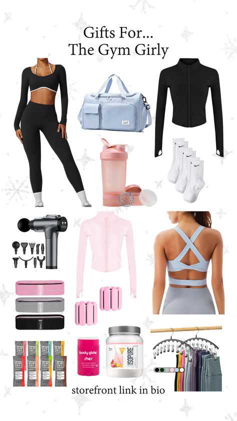 Perfect Christmas gift ideas for the gym friend featuring fitness essentials like a workout set from Amazon, massage gun, electrolytes, wrist weights, protein powder, legging storage, socks, shaker bottle, and a gym bag. Ideal for anyone who loves staying fit and active. Gym Girl Gift Ideas, Fitness Christmas Gifts, Gifts For Gym Lovers Woman, Legging Storage, Best Electronic Gifts, Gifts From Amazon, Gym Christmas, Gym Socks, Crossfit Gifts