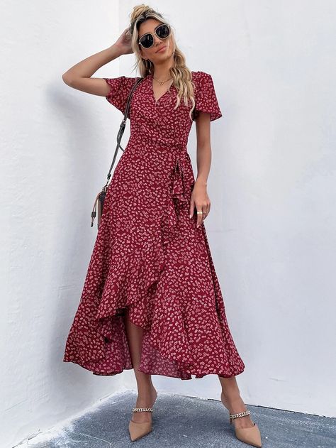 Ruffle Frock For Women, Simple Midi Dress, Red Floral Print Dress, Simple Frock Design, Simple Frocks, Frock For Women, Fashion Sketches Dresses, Red Boho, Prom Dress Inspiration