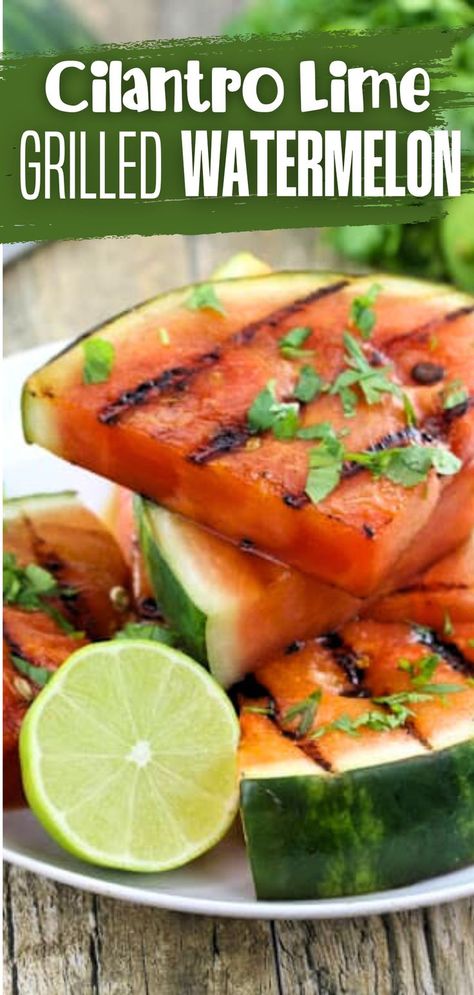 A plate stacked with triangle wedges of grilled watermelon, garnished with cilantro and limes. Grilled Watermelon Recipes, Barbecue Recipes Sides, Orzo Salat, Bbq Side Dish Recipes, Grilled Watermelon, Bbq Side Dishes, Grilled Fruit, Bbq Sides, Side Dishes For Bbq