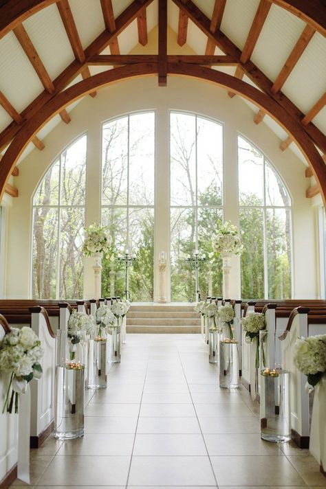 Wedding Chapel Decorations, Celina Gomez, Chapel In The Woods, Glass Chapel, Wedding Chapels, Ashton Gardens, Wedding Altar, Dfw Wedding Venues, Nature Inspired Wedding