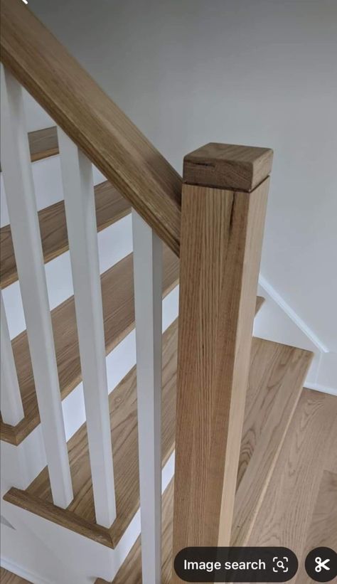 Stair Railing Design Wood, Simple Wood Railings For Stairs, Stair Bannister Ideas Wood, Stair Railing Wooden Design, Simple Stair Railings Wood, Hide Structural Columns, Partial Stair Railing Ideas, Scandinavian Railing Stairs, Simple Wood Stair Railing