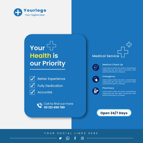 Healthcare Flyer Design, Hospital Services Poster, Health Care Poster Design, Health Insurance Social Media Post, Health Care Social Media Post, Hospital Poster Design Ideas, Health Poster Ideas, Health Insurance Poster Design, Doctor Social Media Post