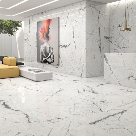 White Floor Tiles Living Room, Living Room Tiles Design, Contemporary Open Plan Living, Wall Tiles Living Room, Room Tiles Design, Marble Porcelain Tile, Marble Effect Tiles, Marble Flooring Design, Tile Floor Living Room