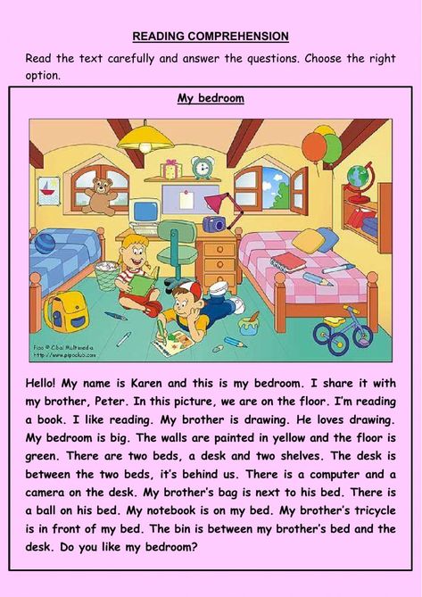 Prespositions of place interactive and downloadable worksheet. You can do the exercises online or download the worksheet as pdf. Preposition Of Place Worksheet, Bedroom Worksheet, Preposition Of Place, Reading Place, Picture Comprehension, Reading Comprehension For Kids, Present Continuous, Grammar For Kids, English Exercises