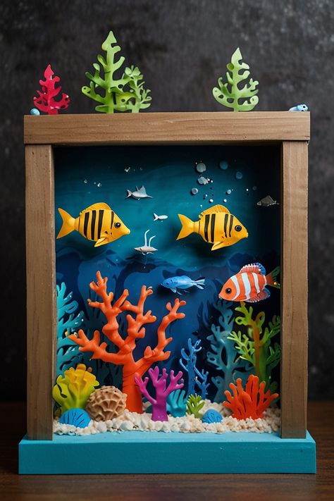 45 Insanely Fun Beach Crafts For Kids Underwater Diaroma, Coral Reef Diorama Projects, Aquarium Projects For Kids, Ocean Projects For Kids, Coral Reef Diorama, Sea Crafts For Kids, Kids Aquarium, Animal Coverings, Ocean Diorama