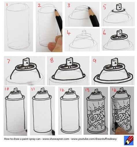 HowToDrawASparyPaintCan Graffiti How To Draw, Graffiti Art Drawing Ideas, Spray Cans Drawing, Spray Paint Drawing, How To Make Spray Paint, Graffiti Tips, Spray Paint Ideas Graffiti Easy, Spray Paint Designs, How To Draw Graffiti