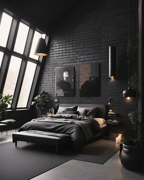 50 Room Ideas With Black Furniture Bed Frame - Home Soils Black Room Aesthetic Modern, Room Ideas With Black Furniture, Rustic Romantic Bedroom, Metal Bed Frame Bedroom Ideas, Dark House Interior, Micro Office, Black Bedrooms, Celebrity Bedrooms, Dramatic Bedroom