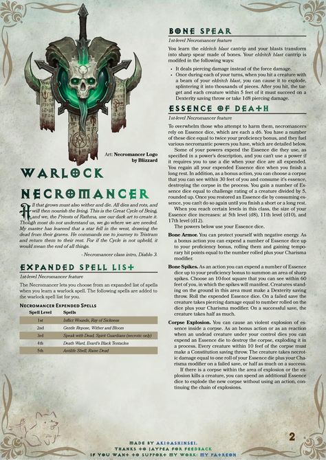 Diablo 3-like Necromancer Warlock | Patreon Dnd Warlock Art, Diablo 3 Necromancer, Warlock Necromancer, Necromancer Diablo, Dnd Necromancer, Necromancer Book, Dnd Crafting, 5e Classes, Dnd Warlock