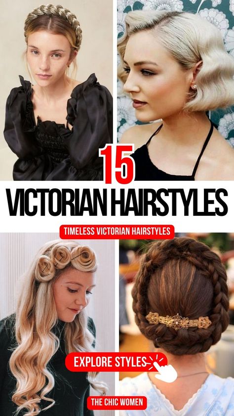 Victorian Hairstyles for Short Hair to show Elegance Dickens Hairstyles, Victorian Hairstyles Women, Victorian Inspired Hairstyles, Victorian Hairstyles With Bangs, Victorian Era Hairstyles Tutorials, Victorian Hairstyles Long Hair, Victorian Wedding Hair, Victorian Ponytail, Victorian Hairstyles Updo