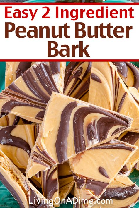 Bark candies are a nice addition to any holiday party. This 2 ingredient peanut butter bark recipe is perfect for the chocolate and peanut butter lovers in your family and the artistic peanut butter swirl makes it a visually appealing addition to any candy tray! Find this and lots more easy Christmas candy recipes with 2 ingredients here! Simple Candy Recipes 3 Ingredients, 2 Ingredient Candy Recipes, White Chocolate Peanut Butter Bark, Recipes With Chocolate Almond Bark, Almond Bark Recipes Chocolate, Appiterzers For Christmas Eve, Peanut Bark Recipes, Chocolate Peanut Butter Candy Recipes, Peanut Butter Chocolate Candy