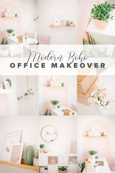 Modern Boho Office Decor At Work, Boho Chic Office Space, Boho Pink Office, Pink Boho Office, Decorate Office At Work, Boho Office Space Workspaces, Modern Boho Office, Boho Chic Office, Spa Office