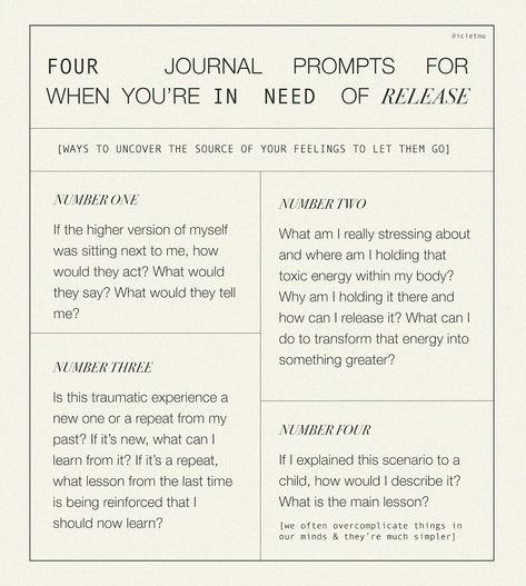 four journal prompts for when you're in need of release Student Journal Prompts, Journal Prompts For Therapy, Releasing Journal Prompts, Self Awearness, Journal Prompts For Your 20s, Journal Prompts For Release, Negative Thoughts Journal, Journal Prompts For Negative Thoughts, Journal Prompts For Emotions