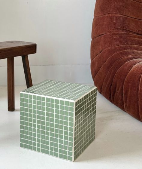 green tiled cube side table / retro Green Tile Side Table, Dark Green Side Table, Tiled Cube, Tile Side Table, Table Retro, Cube Side Table, Tile Table, Green Tile, Room Aesthetic