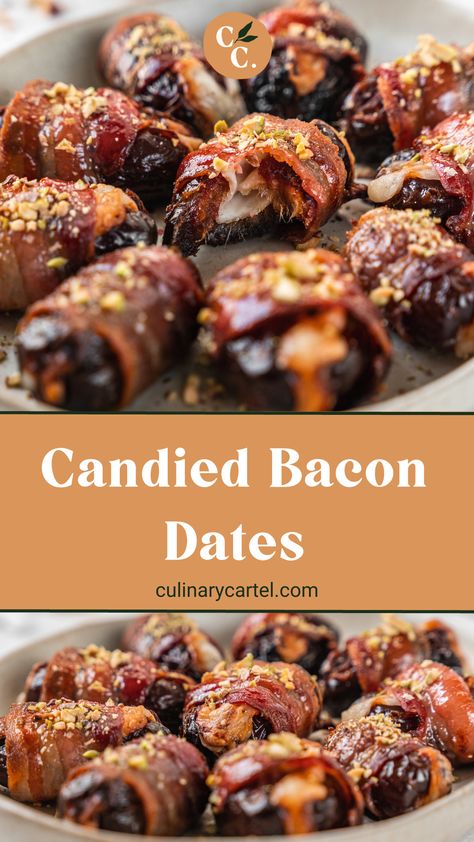 𝗖𝗔𝗡𝗗𝗜𝗘𝗗 𝗕𝗔𝗖𝗢𝗡 𝗗𝗔𝗧𝗘𝗦 Easy • Christmas Recipes • 5 ingredients • Gluten free Sweet, salty, creamy… this candied bacon date canapé hits in all the right places! Ready in under 30 minutes and requiring only 4 ingredients, this will soon become your go-to party snack. #culinarycartel #theculinarycartel #vegetarian #foodie #healthyfood #mealinspo #christmasfood #christmasrecipe #christmascanape #christmasdinner #middleeasternfood #labneh #cheese Bacon Wrapped Water Chestnuts And Dates, Date Candy Roll, Savory Dates Recipes, Candied Bacon Appetizers, Bacon Covered Dates, Dates Candy Recipe, Dates Appetizer Recipes, Date Appetizer Recipes, Stuffed Dates Recipes Appetizers