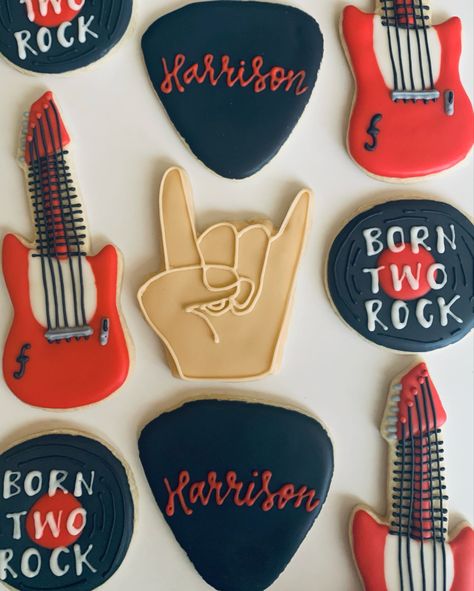 Born Two Rock Birthday Cookies, Born To Rock Birthday Party Food, Born Two Rock, Rock Cookies, 80’s Rock, Rock Birthday, Rock Cake, Birthday Party Food, Roll Cake