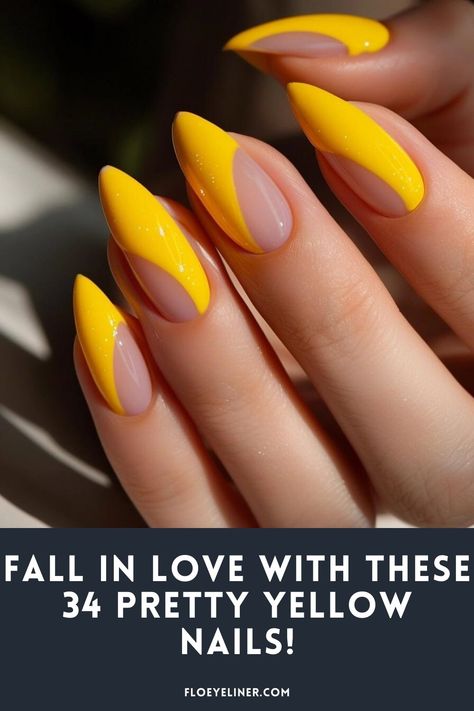 In need of some edgy yellow nails inspo for your next mani? Then check out our collection of 30+ beautiful ideas! From the artsy bright yellow French nails you see here to delicate florals and flirty pastels, there's something for everyone. Check out all the designs on the blog now and save your favorites! Nail Design On Almond Shape, Simple Statement Nails, Two Toned Nails Designs, Good Nail Ideas, Pretty Yellow Nails, 2 Color Nails, Yellow Almond Nails, Yellow French Nails, Yellow French Tip Nails