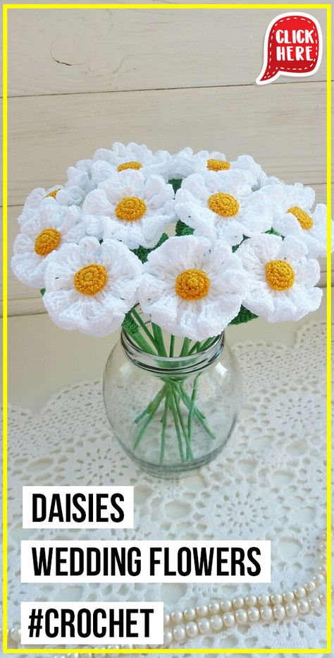 Daisy Crochet Applique, Crocheted Flowers Free Pattern Easy, Easy Crochet Flowers For Beginners Free, Beginner Crochet Flower Pattern Free, Crocheted Daisy Free Pattern, Crochet White Flowers Free Pattern, Crochet Daisy Flower Bouquet, Crochet Daisies Free Pattern, Easy Crochet Wedding Gifts