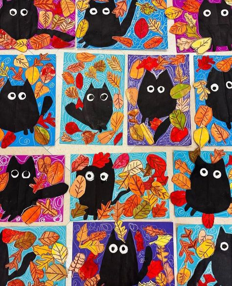 Halloween Art Lessons, Elementary Art Lesson Plans, Black Kittens, Animal Art Projects, Kindergarten Art Projects, 2nd Grade Art, Fall Arts And Crafts, Fall Art Projects, 3rd Grade Art