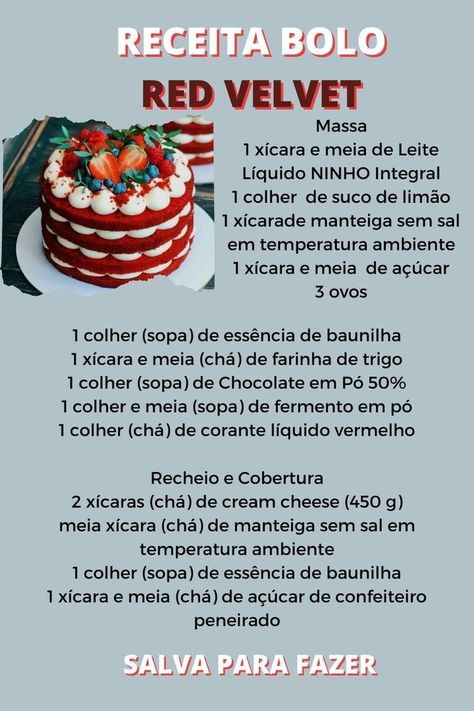 Bolo Red Velvet Receita, Bolo Red Velvet, Food Vocabulary, Bento Cake, Food Wallpaper, Dump Cake Recipes, Sweet Snacks Recipes, Delicious Snacks Recipes, Culinary Recipes