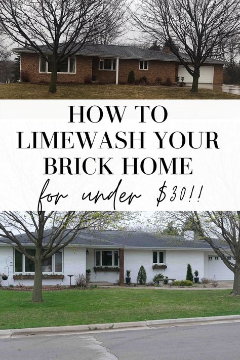 Updating Brick Ranch Exterior, Brick Ranch Remodel Exterior, Brick Homes Exterior Makeover, Limewash Brick Walkway, Updating Brick House Exterior, Brick House Paint Colors, Lime Washed Brick Exterior, White Ranch House Exterior, Brick Ranch Exterior