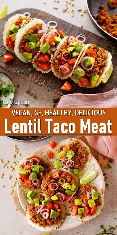 This easy lentil taco meat is healthy, flavorful, packed with plant-based protein and iron, and is ready in under 30 minutes – A frugal, healthy, satisfying, and versatile meat-free protein for lentil tacos, burritos, salads, and more! #lentiltacomeat #lentiltacos #vegantacos #walnutmeat #elasrecipes | elavegan.com Protein Substitutes, Lentil Taco Meat, Lentil Tacos Recipes, Beans Recipe Healthy, Jazzy Vegetarian, Vegan Feast, Vegan Taco, Lentil Tacos, Taco Meat Recipes