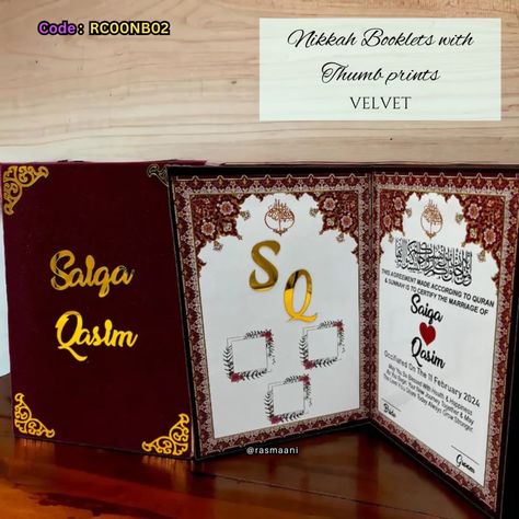 Nikkah Nama booklets by rasmaani❣️ #rasmaani #rasmaaniwedcrafts #nikahbooklet #nikahnama Nikah Certificate, Nikkah Nama, Elegant Layout, Wedding Contract, Nikah Ceremony, Fancy Pens, Thumb Prints, Time Design, Muslim Wedding