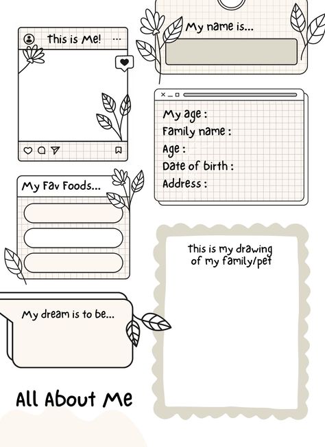 All About Me Preschool Printables All About Me Astetic, About Me Doodle Page, About Me Cute Template, Cute All About Me Template, Aesthetic About Me Template, All About Me Template Aesthetic, About Me Template Aesthetic, Slambook Design, Self Introduction Template