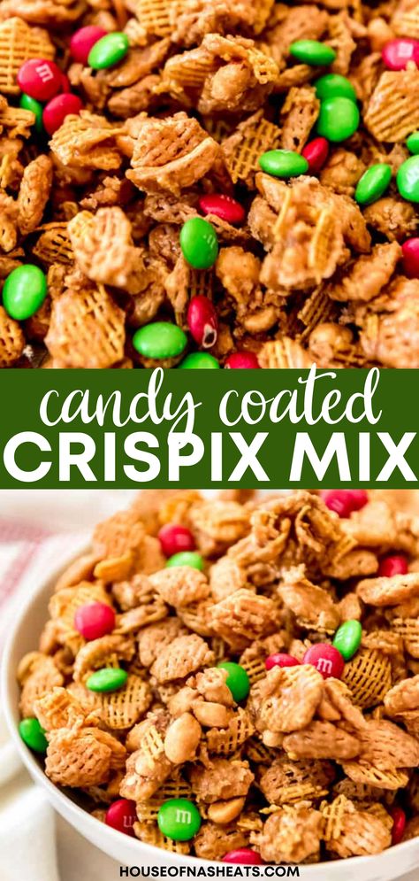 Christmas Chex Mix Sweet, Holiday Sweet Chex Mix Recipes, Sweet Crispix Mix Recipe, Chec Cereal Recipes, Caramel Crispix Snack Mix Recipe, Christmas Crunch Mix Easy Recipes, Crispix Cereal Recipes Snacks, Sweet And Salty Mix, Snack Mix Ideas Parties